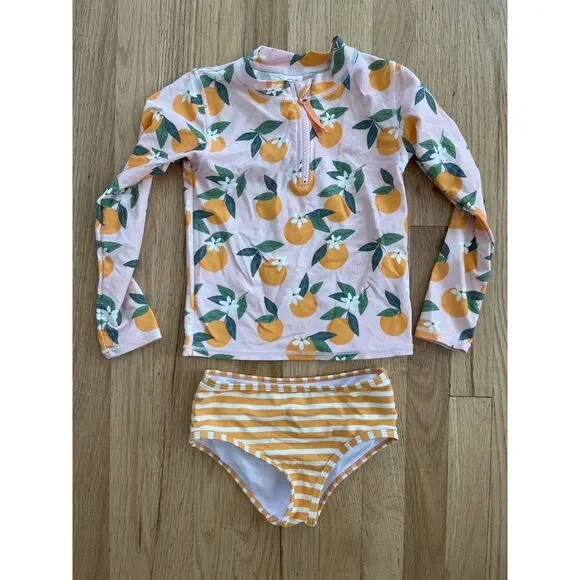 Ruffle Butts Orange Pink Striped Floral 2 Peice Rash Guard Size 6 - Picture 1 of 4